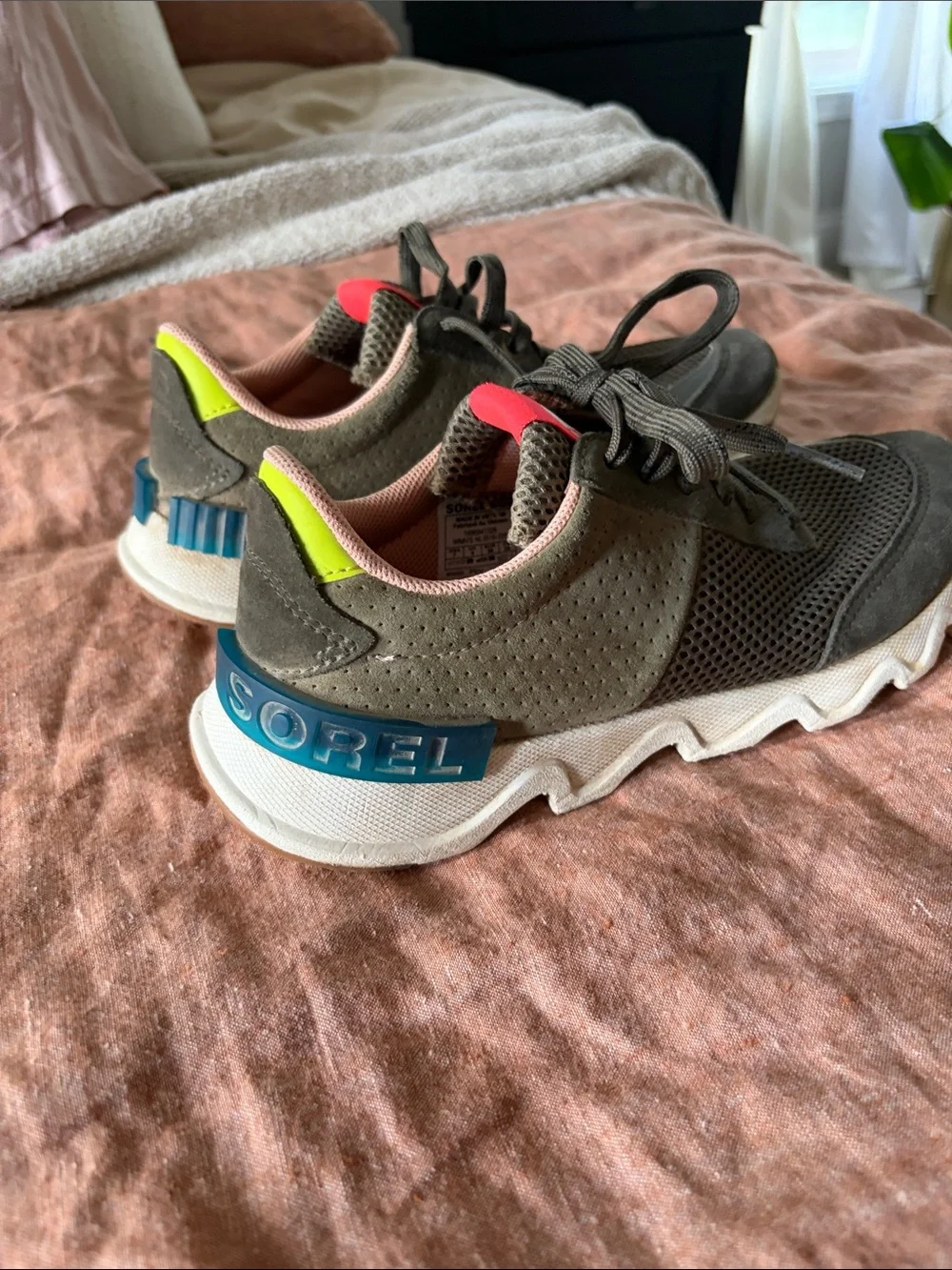 Sorel Olive Green Mesh Lace-Up Sneakers with Coral Logo Tab